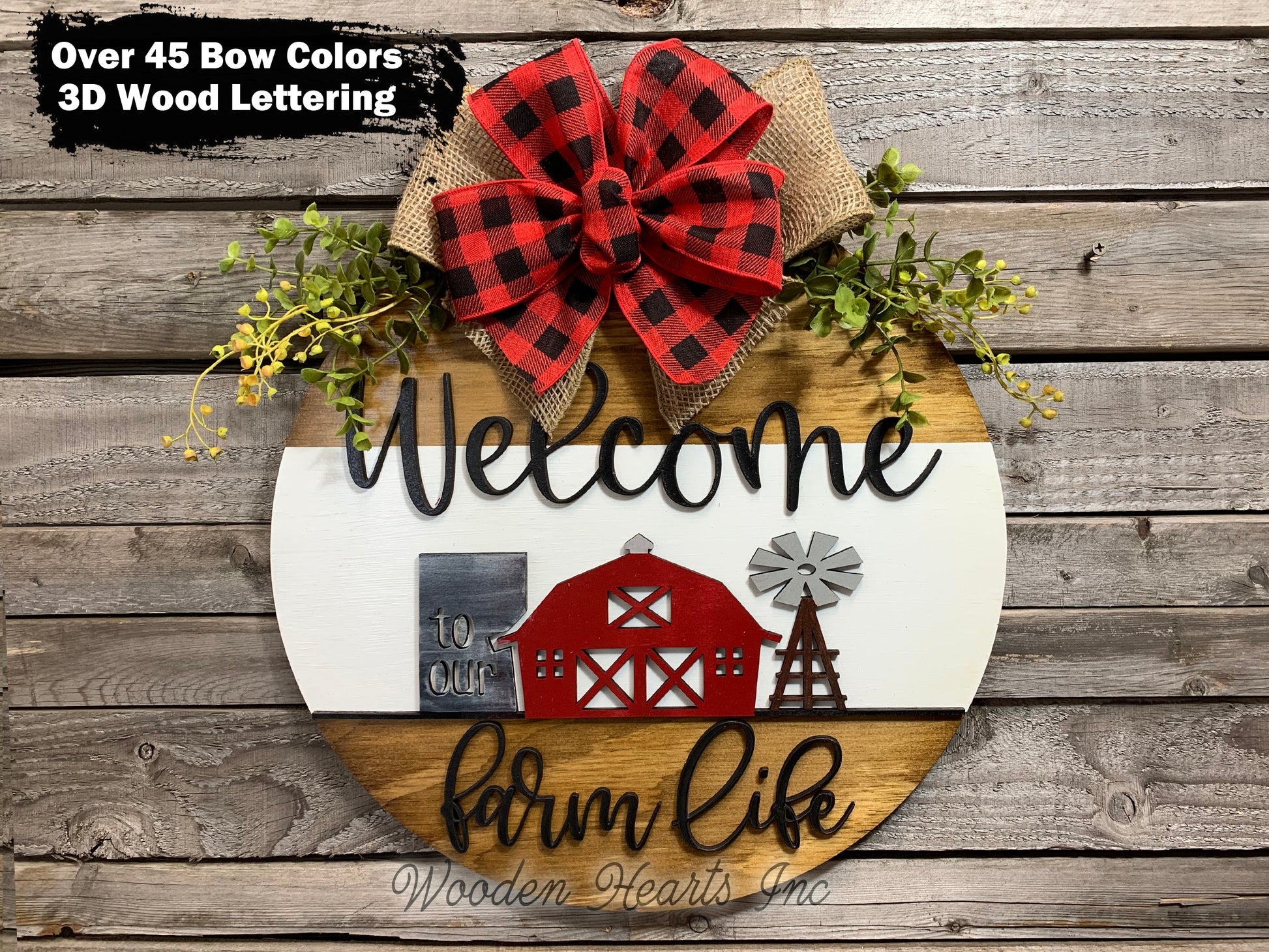 Welcome to our FARM Life Door Hanger with white STRIPE Wreath 16" Everyday All year Round Sign - Wooden Hearts Inc