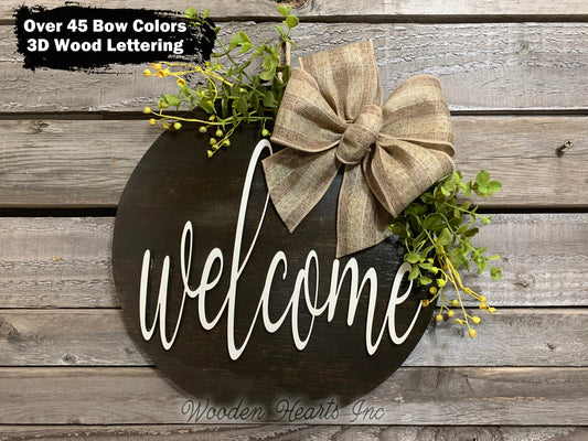 WELCOME Round Sign Wood Wall Mount 12" Circle 3D with Bow (Magnet optional) Outdoor - Wooden Hearts Inc