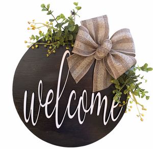 WELCOME Round Sign Wood Wall Mount 12" Circle 3D with Bow (Magnet optional) Outdoor - Wooden Hearts Inc
