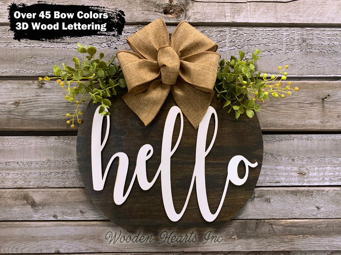 HELLO Round Sign Wood Wall Mount 12" Circle 3D with Bow (Magnet optional) Outdoor Welcome