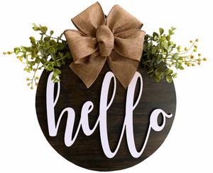 HELLO Round Sign Wood Wall Mount 12" Circle 3D with Bow (Magnet optional) Outdoor Welcome - Wooden Hearts Inc