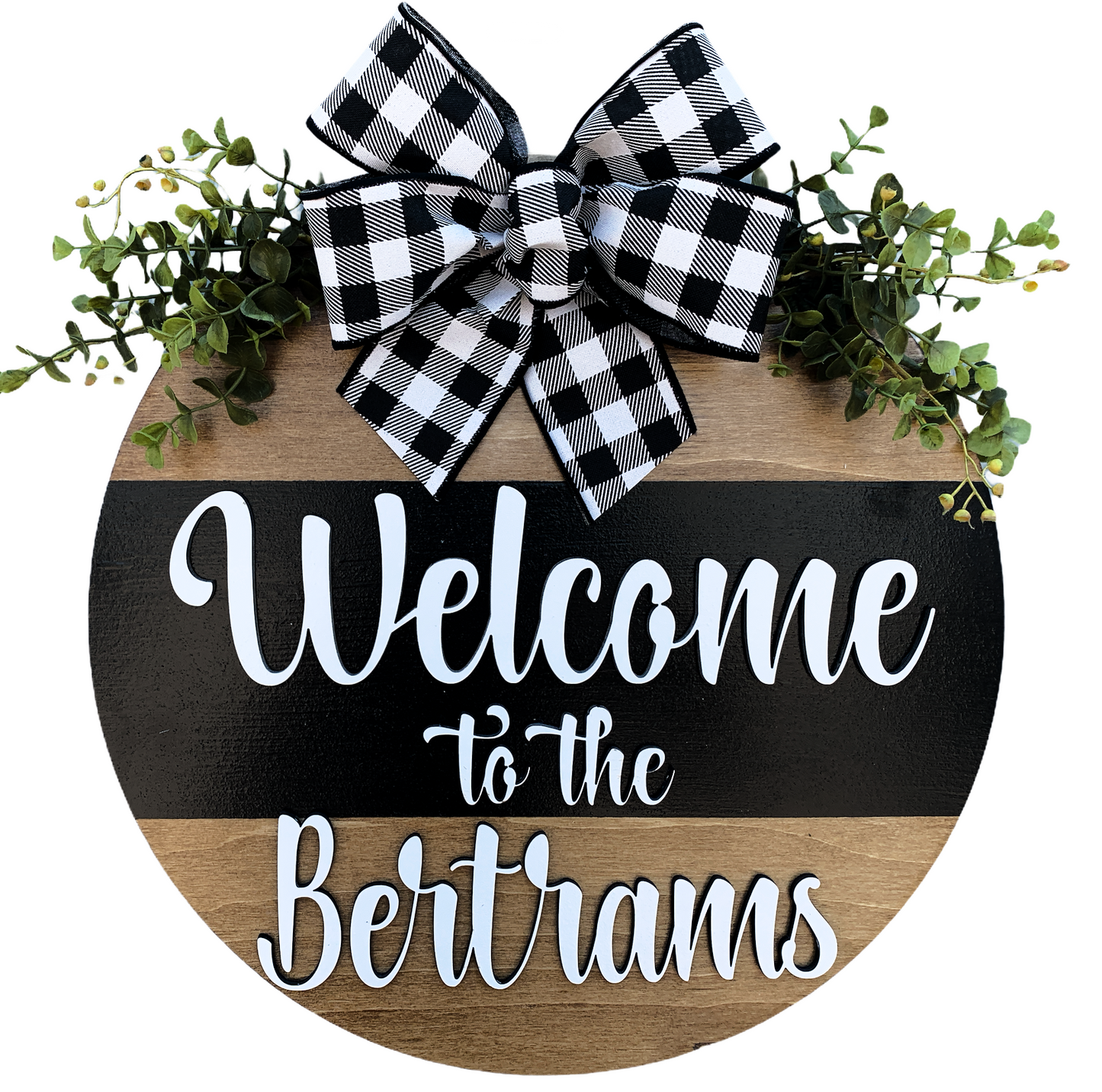 Welcome to the (Last name) Door Hanger with STRIPE Wreath 16" Everyday All year Round Sign - Wooden Hearts Inc