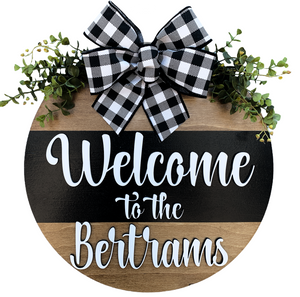 Welcome to the (Last name) Door Hanger with STRIPE Wreath 16" Everyday All year Round Sign - Wooden Hearts Inc