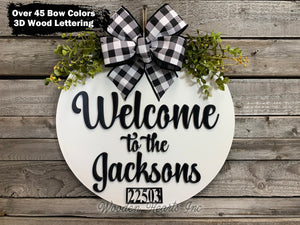 Personalized "Welcome to the _________" Address/Est Date Door Hanger Custom Last Name 16" Round Sign - Wooden Hearts Inc
