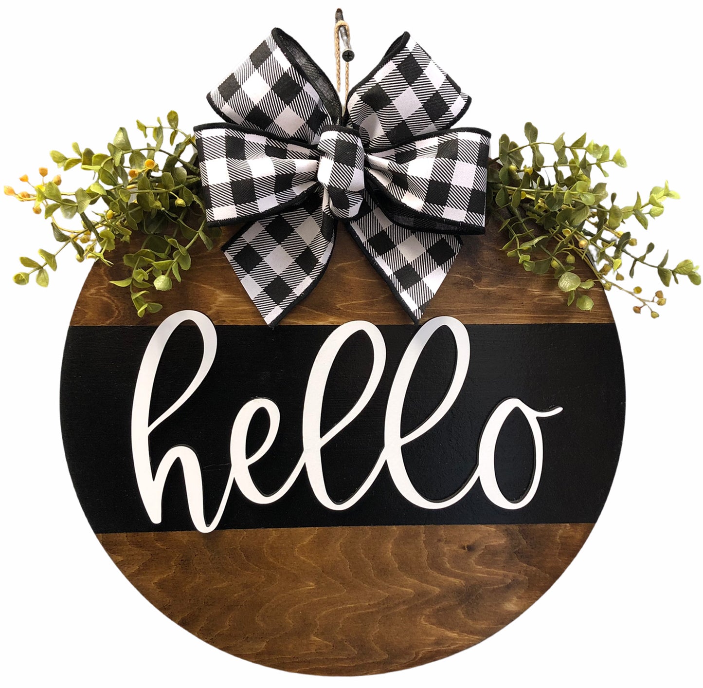 Hello Door Hanger with STRIPE Wreath 16" Everyday All year Round Sign - Wooden Hearts Inc