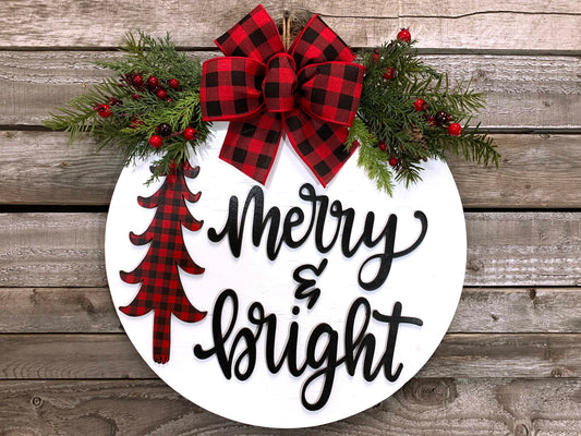 Merry and Bright Door Hanger + TREE cutout, Christmas Holiday Wreath 16" Round Sign - Wooden Hearts Inc