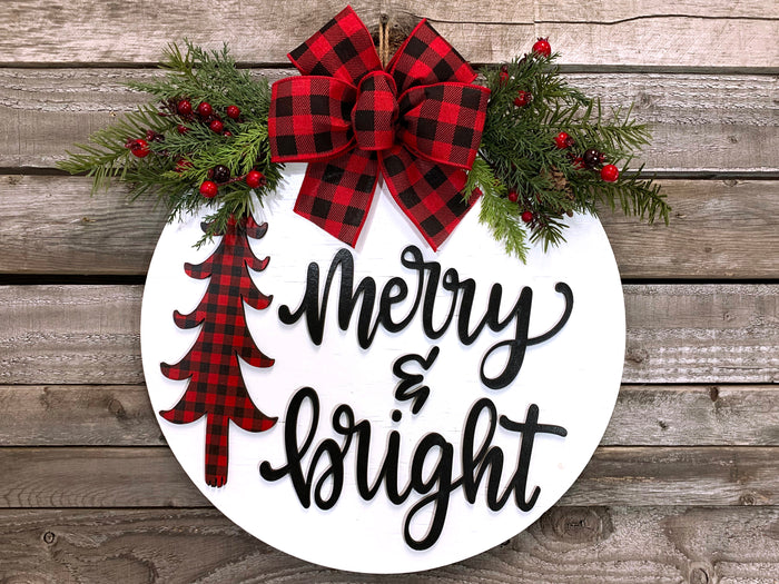 Merry and Bright Door Hanger + TREE cutout, Christmas Holiday Wreath 16" Round Sign