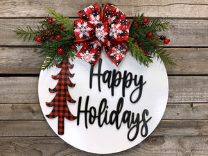 Happy Holidays Door Hanger + TREE cutout, Christmas Wreath 16" Round Sign - Wooden Hearts Inc
