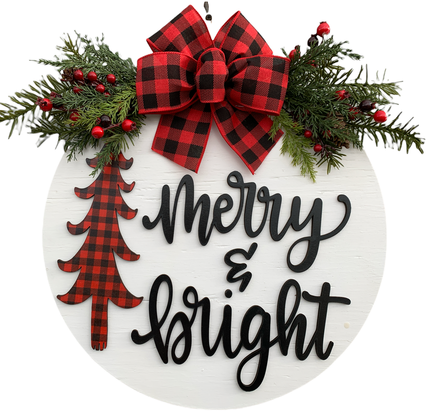 Merry and Bright Door Hanger + TREE cutout, Christmas Holiday Wreath 16" Round Sign - Wooden Hearts Inc