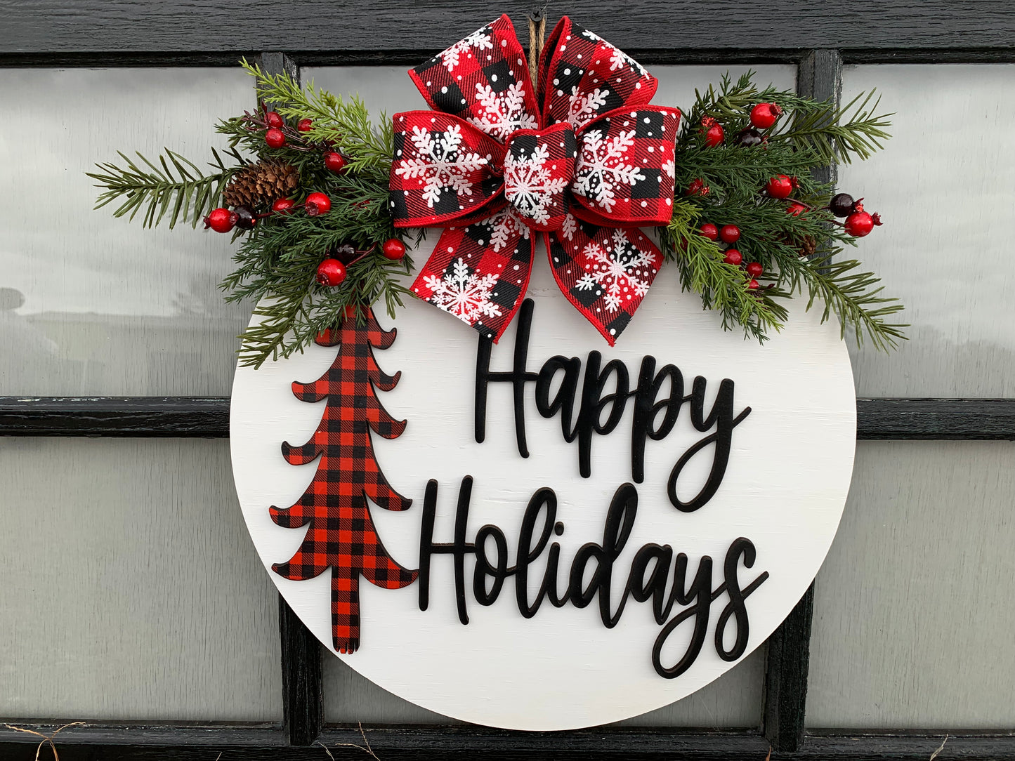 Happy Holidays Door Hanger + TREE cutout, Christmas Wreath 16" Round Sign - Wooden Hearts Inc