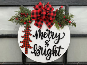 Merry and Bright Door Hanger + TREE cutout, Christmas Holiday Wreath 16" Round Sign - Wooden Hearts Inc