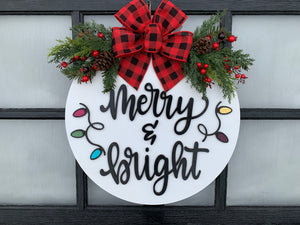 Merry & Bright Door Hanger + Christmas LIGHTS cutout, Christmas Wreath 16" Round Sign - Wooden Hearts Inc