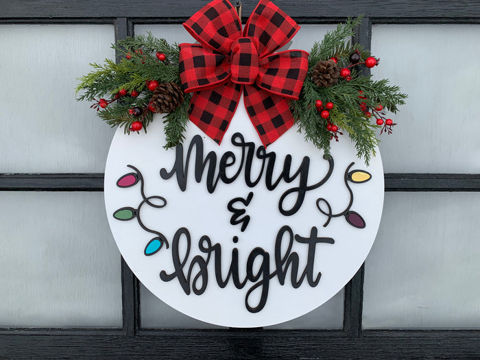 Merry & Bright Door Hanger + Christmas LIGHTS cutout, Christmas Wreath 16" Round Sign