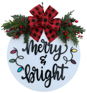 Merry & Bright Door Hanger + Christmas LIGHTS cutout, Christmas Wreath 16" Round Sign - Wooden Hearts Inc