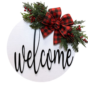 Welcome Christmas Door Hanger Wreath with Pine Berries Greenery and Bow 16" Round Sign - Wooden Hearts Inc