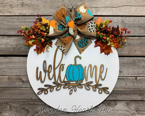 AQUA FALL Door hanger Wreath WELCOME Pumpkin Wood Round Sign 16" 3D Wood Lettering Bow Leaves - Wooden Hearts Inc