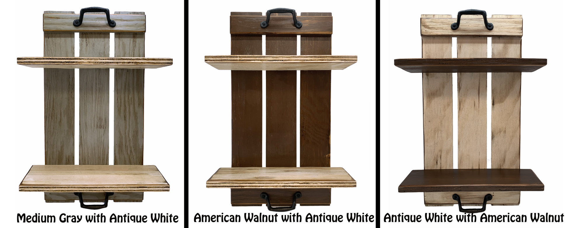 Wall SHELF Wood Tray Style with Metal Handles, *Bathroom Kitchen *Distressed White Brown Gray - Wooden Hearts Inc