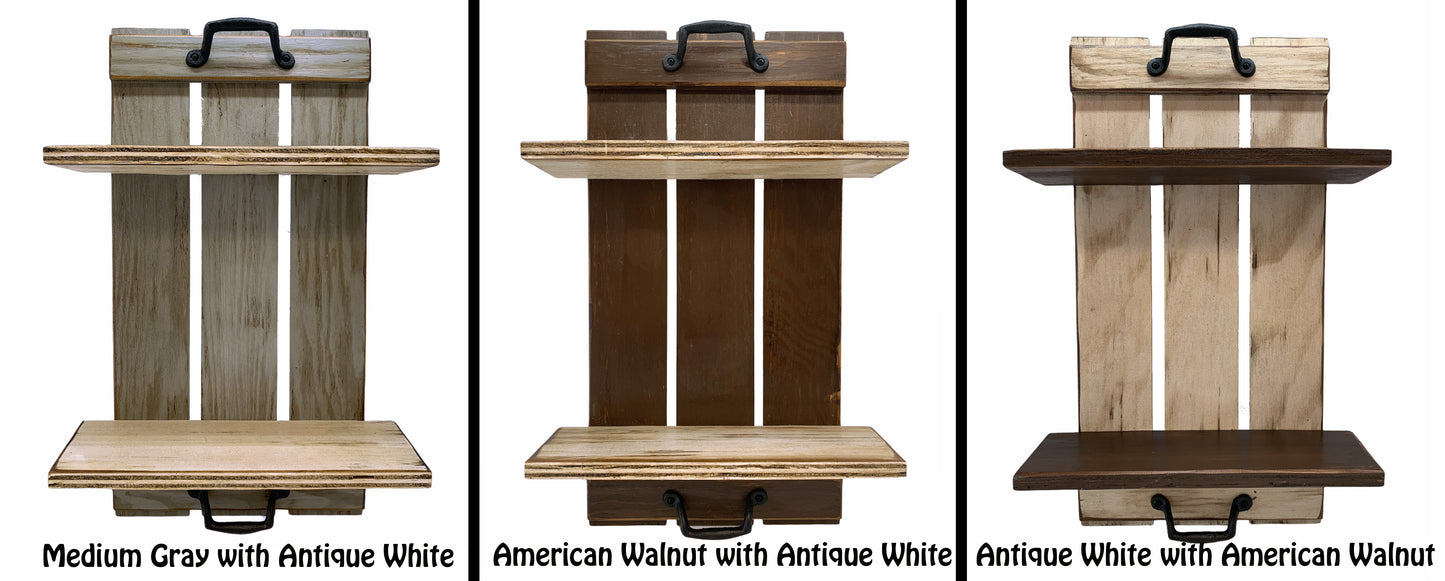 Wall SHELF Wood Tray Style with Metal Handles, *Bathroom Kitchen *Distressed White Brown Gray - Wooden Hearts Inc