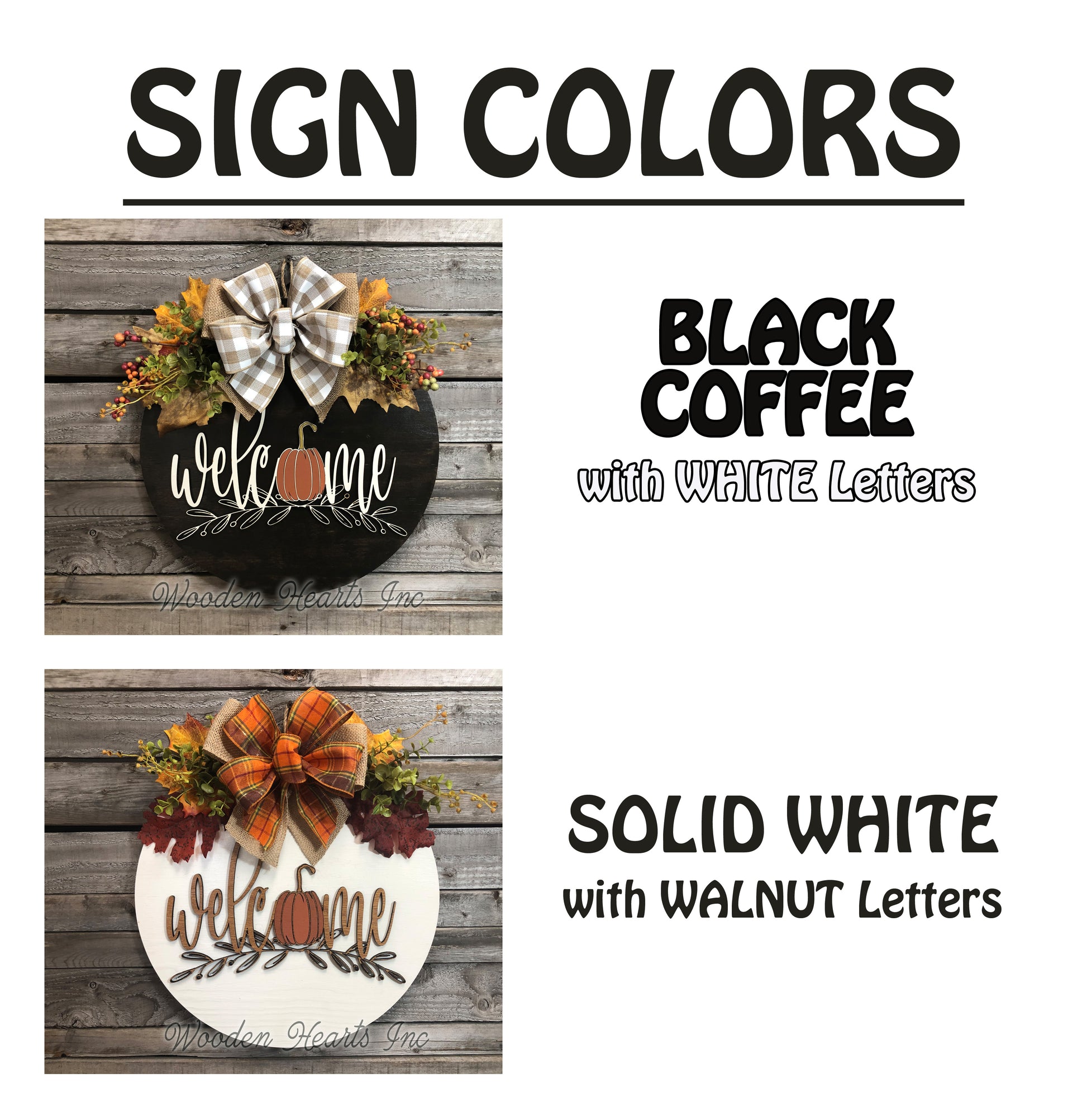 FALL Door hanger Wreath WELCOME Pumpkin Wood Round Sign 16" 3D Wood Lettering Bow  Leaves - Wooden Hearts Inc