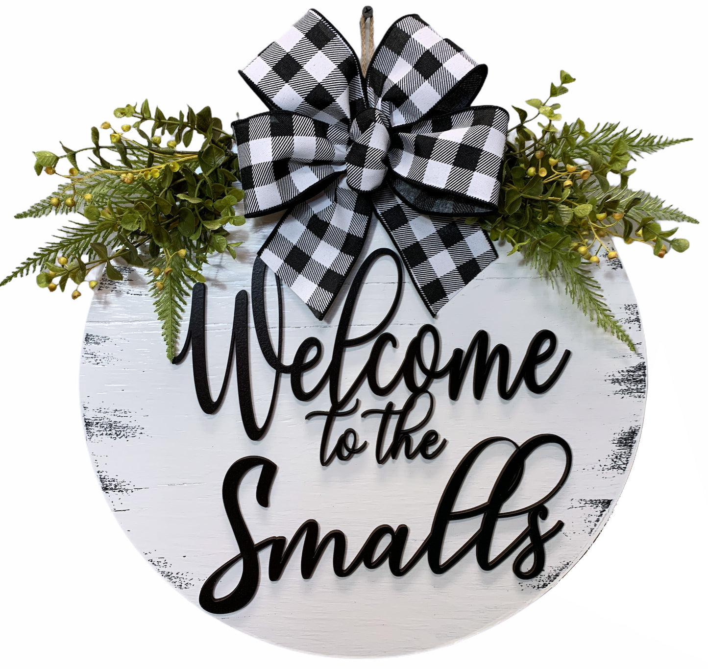Personalized Door Hanger Welcome Wreath Custom Last Name 16" Round Sign Spring - Wooden Hearts Inc