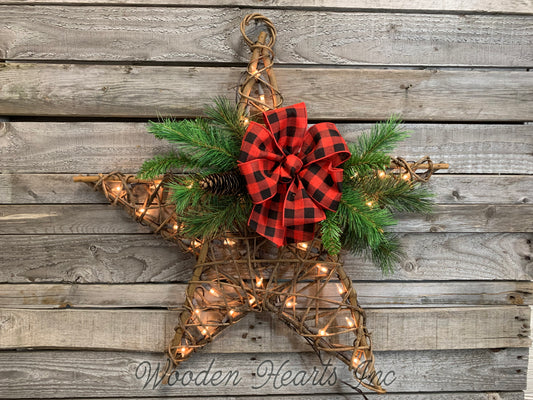 Lighted STAR RATTAN Christmas Decor with Buffalo Plaid Bow 24x24 - Wooden Hearts Inc