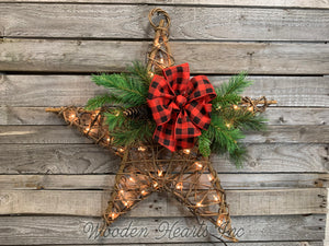 Lighted STAR RATTAN Christmas Decor with Buffalo Plaid Bow 24x24 - Wooden Hearts Inc