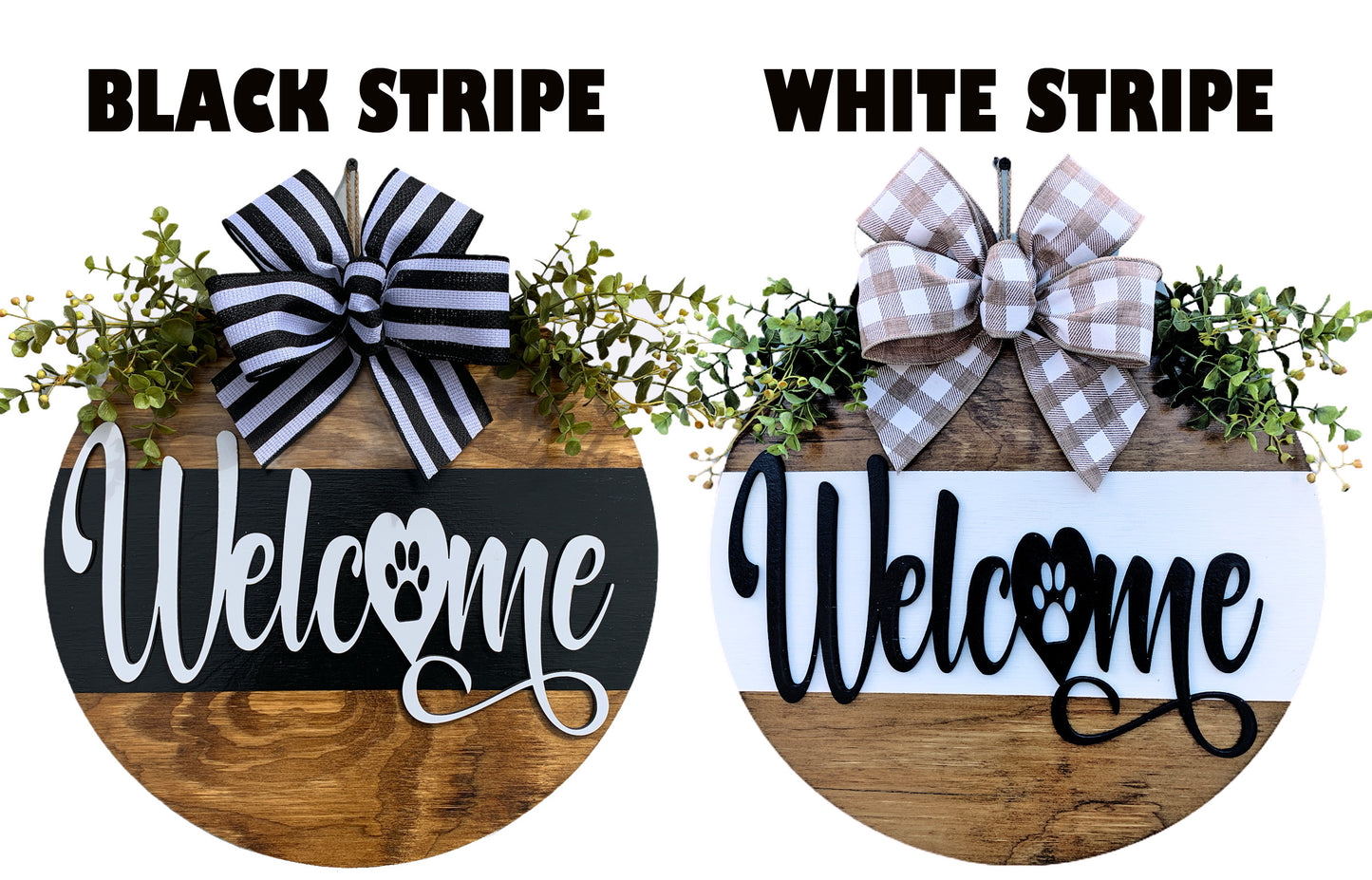 Welcome PAW PRINT Door Hanger with STRIPE Wreath 16" Cat Dog Pet Round Sign Spring - Wooden Hearts Inc