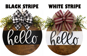 Hello Door Hanger with STRIPE Wreath 16" Everyday All year Round Sign - Wooden Hearts Inc