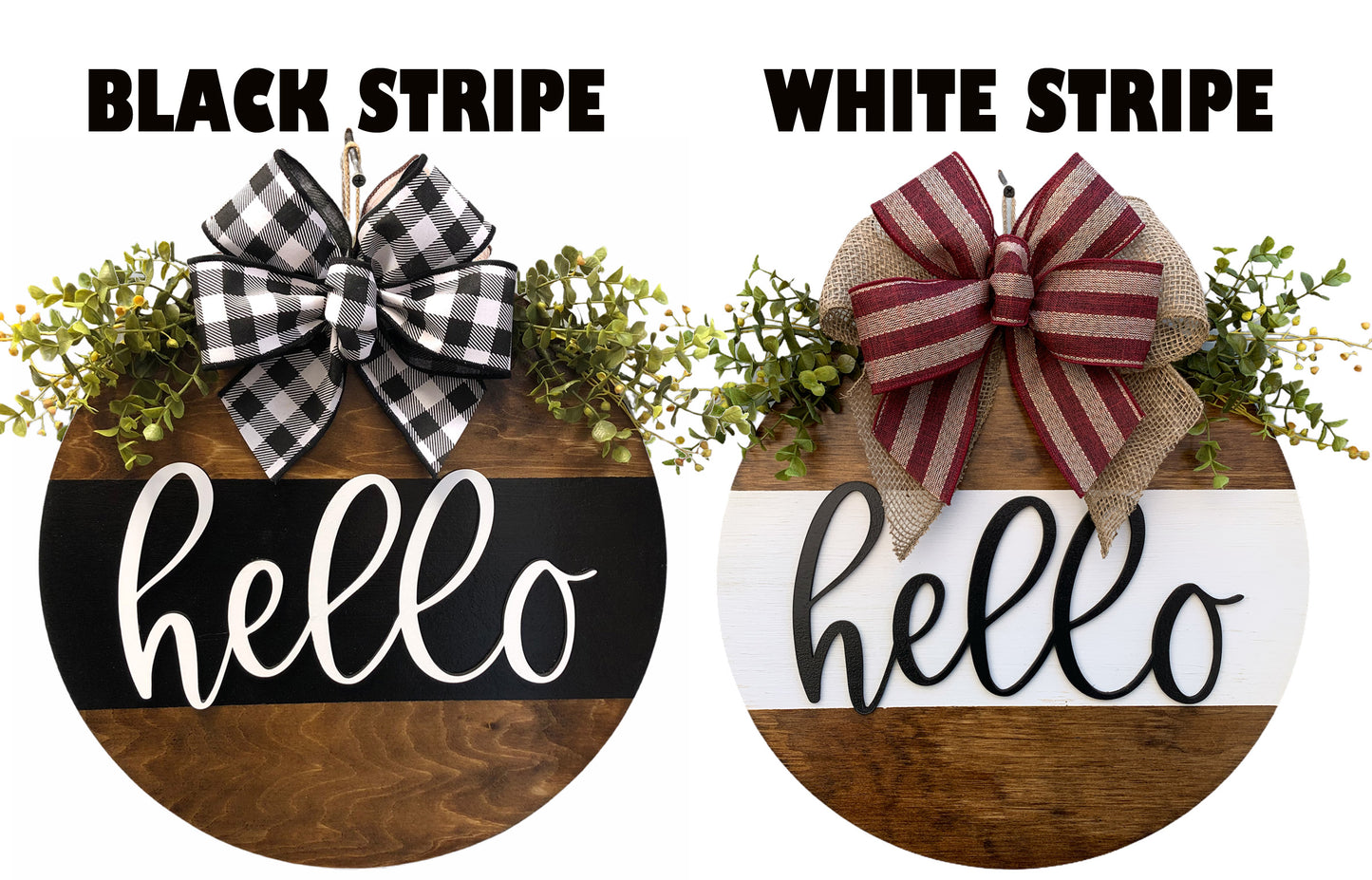 Welcome to the (Last name) Door Hanger with STRIPE Wreath 16" Everyday All year Round Sign - Wooden Hearts Inc