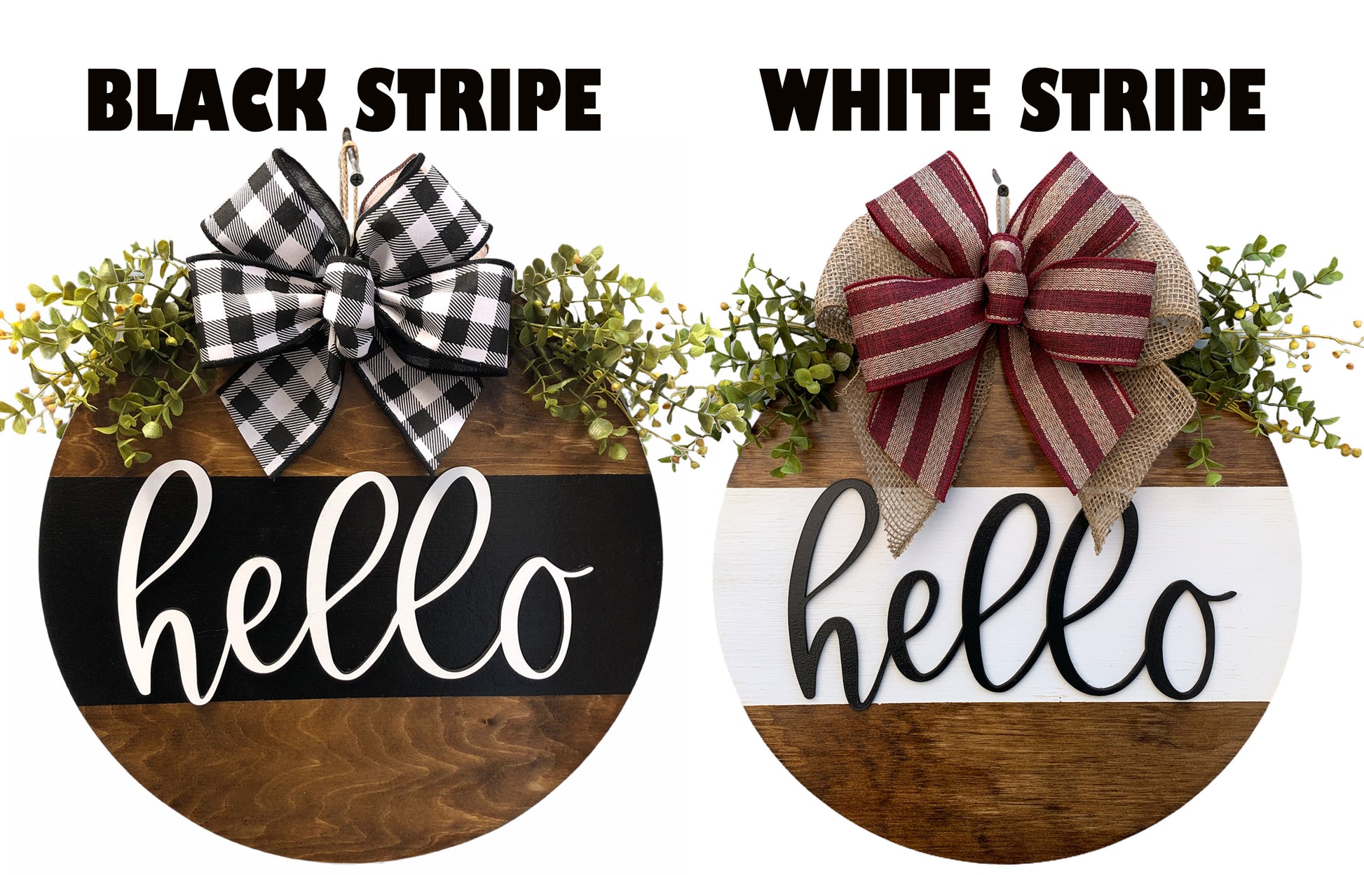 Welcome to the (Last name) Door Hanger with STRIPE Wreath 16" Everyday All year Round Sign - Wooden Hearts Inc