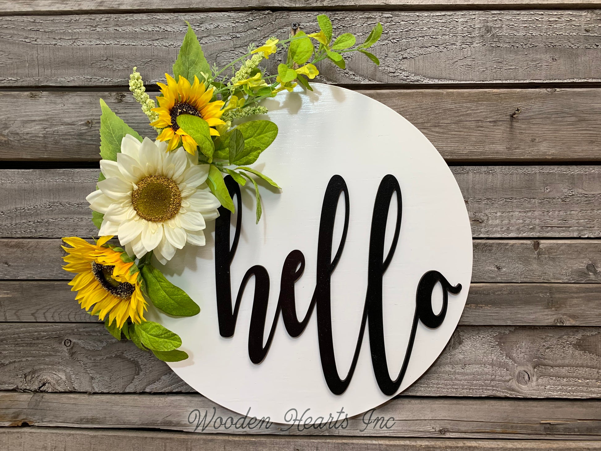 Sunflower 16" Round Door Sign,  hello - Wooden Hearts Inc