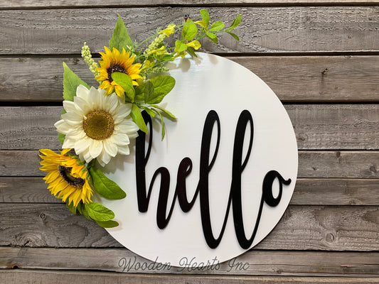 Sunflower 16" Round Door Sign,  hello - Wooden Hearts Inc