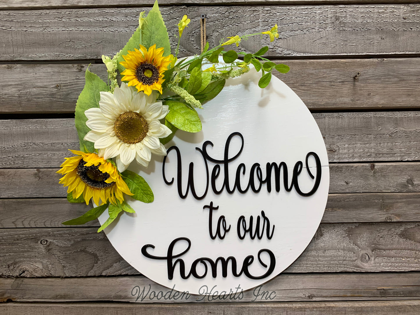 Sunflower 16" Round Door Sign,  Welcome to our home - Wooden Hearts Inc
