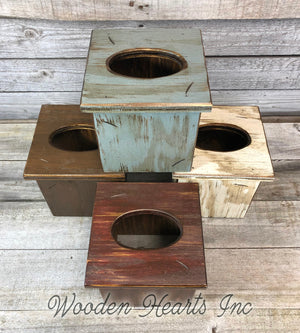 TISSUE BOX COVER, Wood Kleenex Holder, Square, Kitchen Bathroom, Wooden distressed - Wooden Hearts Inc
