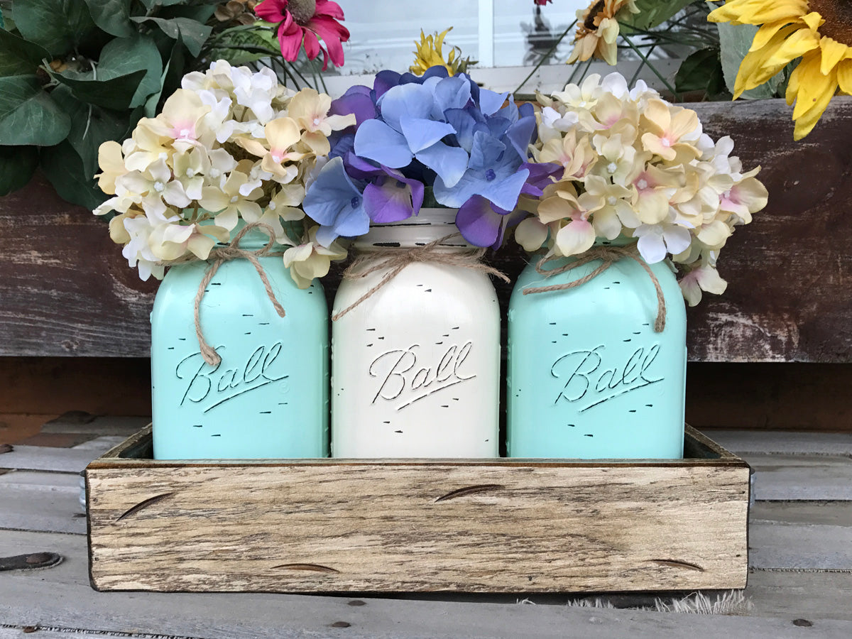 MASON Jar Centerpiece *3 QUART Jars in Wood Tray (Flowers optional) Table Decor - Wooden Hearts Inc