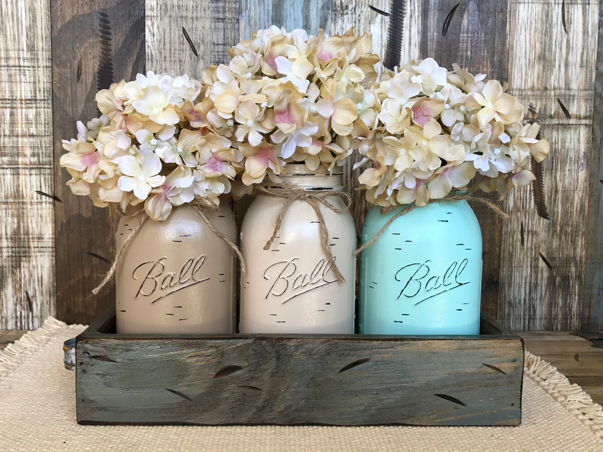 MASON Jar Centerpiece *3 QUART Jars in Wood Tray (Flowers optional) Table Decor - Wooden Hearts Inc
