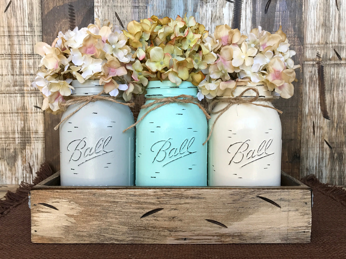 MASON Jar Centerpiece *3 QUART Jars in Wood Tray (Flowers optional) Table Decor - Wooden Hearts Inc