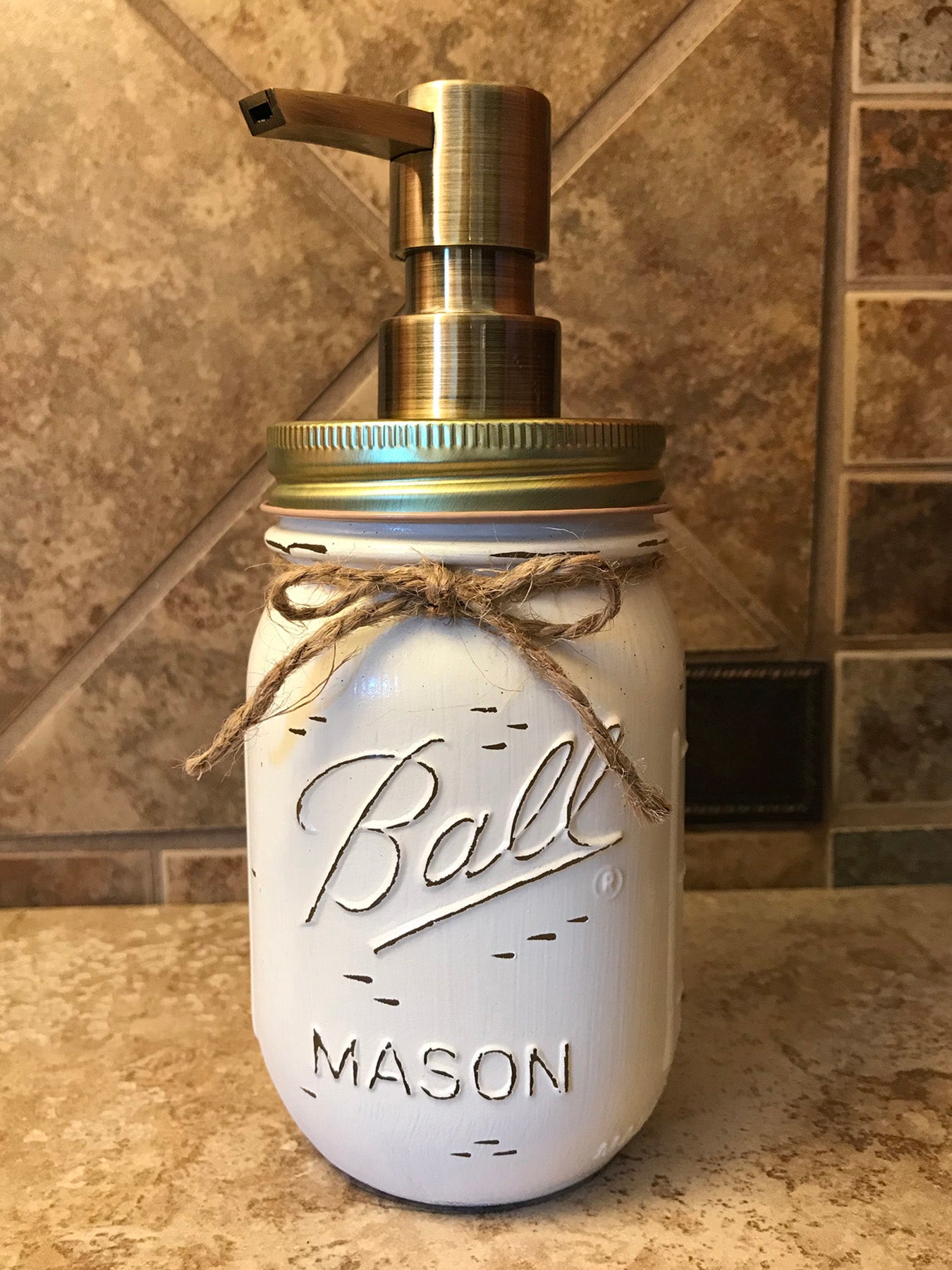 Mason JAR SOAP Brass Bronze Gold Metal DISPENSER Distressed Ball Pint *Kitchen Bathroom Cream White - Wooden Hearts Inc