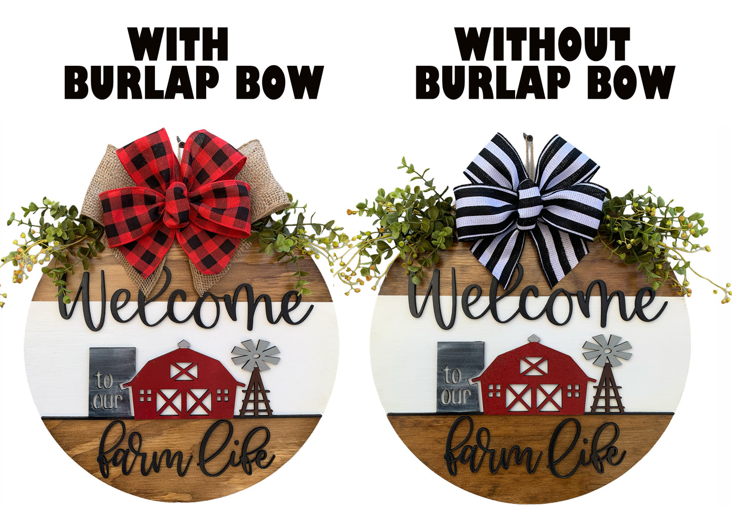 Welcome to our FARM Life Door Hanger with white STRIPE Wreath 16" Everyday All year Round Sign - Wooden Hearts Inc