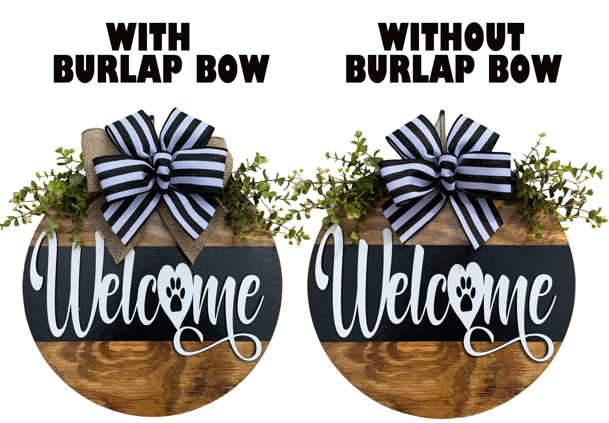 Welcome PAW PRINT Door Hanger with STRIPE Wreath 16" Cat Dog Pet Round Sign Spring - Wooden Hearts Inc
