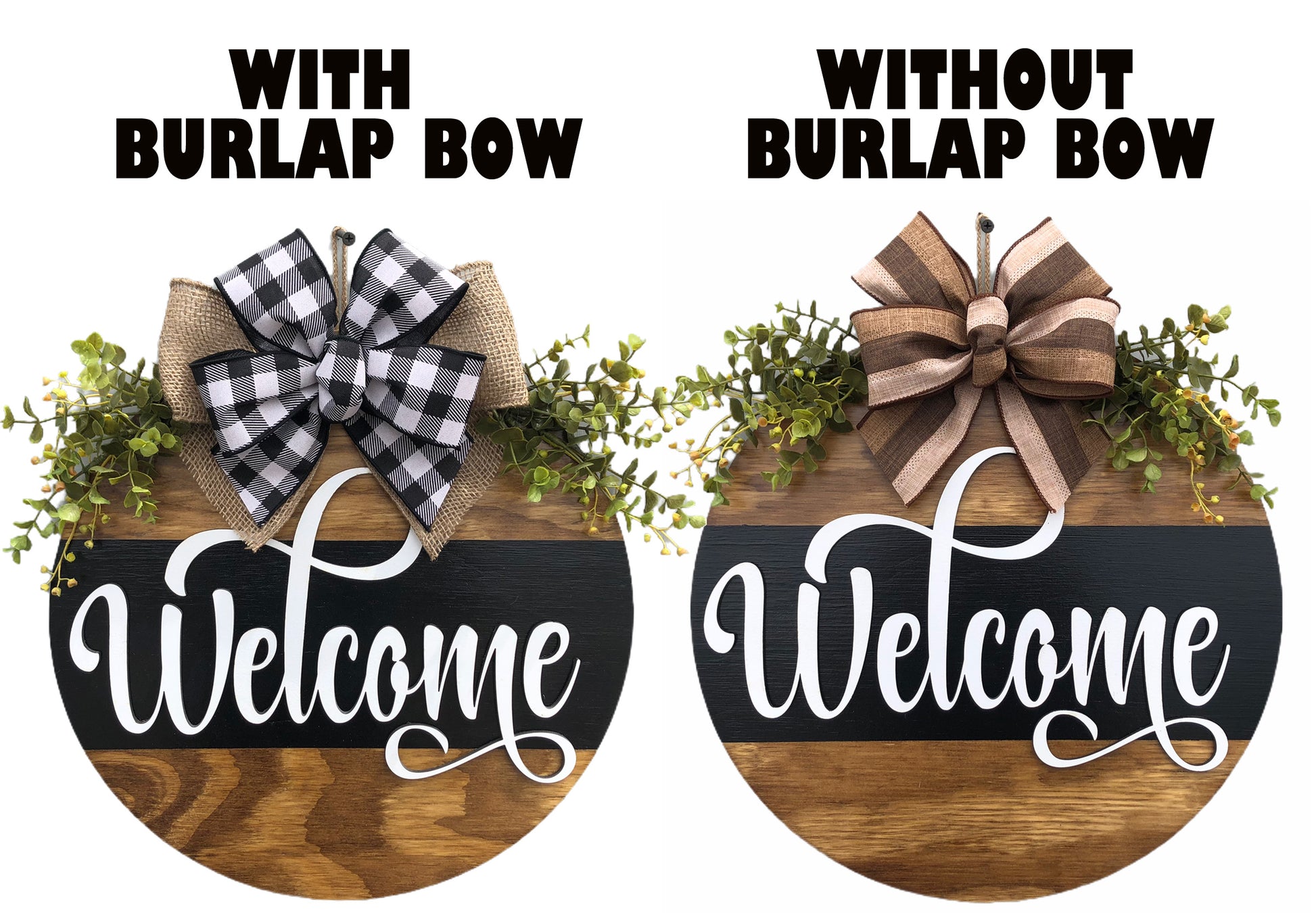 Welcome Door Hanger with STRIPE Wreath 16" Round Sign Spring - Wooden Hearts Inc