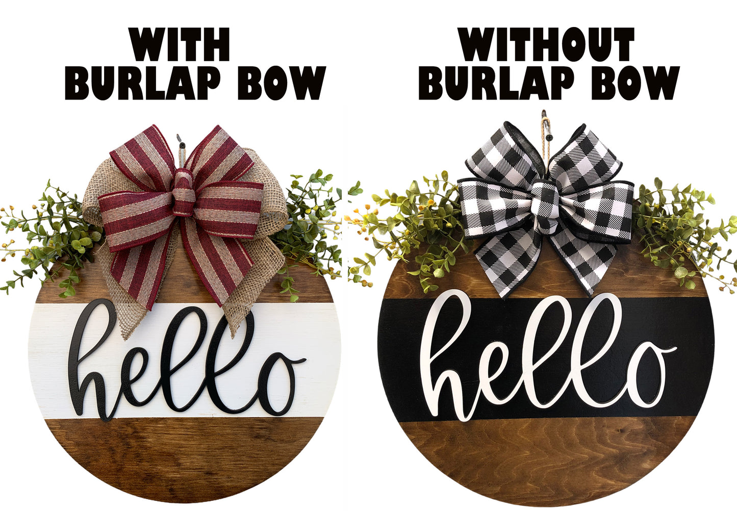 Hello Door Hanger with STRIPE Wreath 16" Everyday All year Round Sign - Wooden Hearts Inc