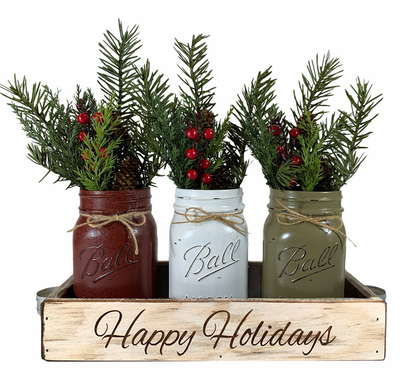 Personalized Tray Happy Holidays ENGRAVED Kitchen Centerpiece CUSTOMIZE Mason Jars gift - Wooden Hearts Inc