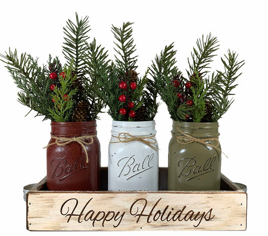 Personalized Tray Happy Holidays ENGRAVED Kitchen Centerpiece CUSTOMIZE Mason Jars gift - Wooden Hearts Inc