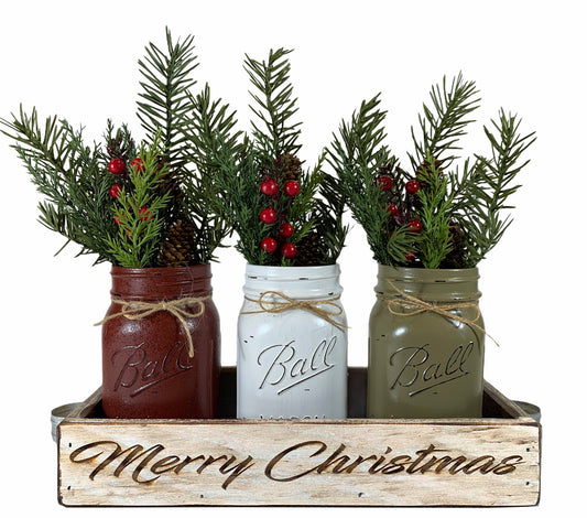 Personalized Tray Merry Christmas ENGRAVED Kitchen Centerpiece CUSTOMIZE Mason Jars gift - Wooden Hearts Inc