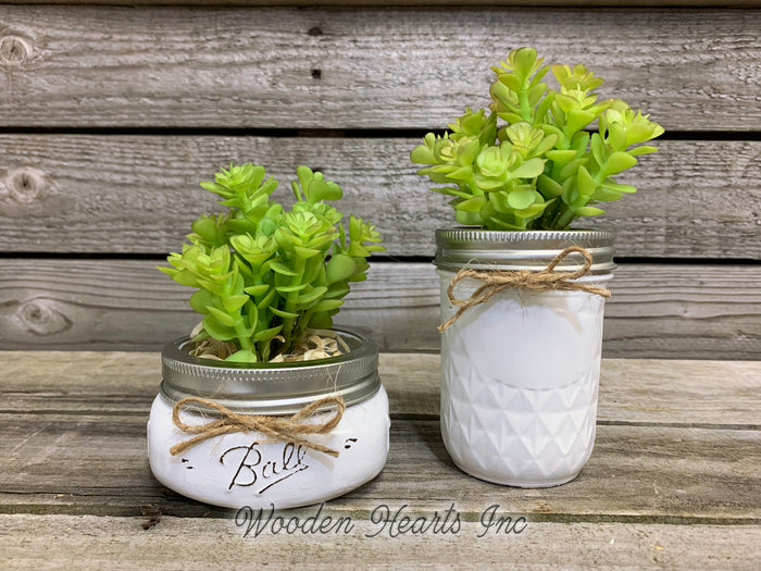 SUCCULENT PLANT in Pot Mason Jar Half Pint or Quilted Farmhouse Decor Ball White Greenery