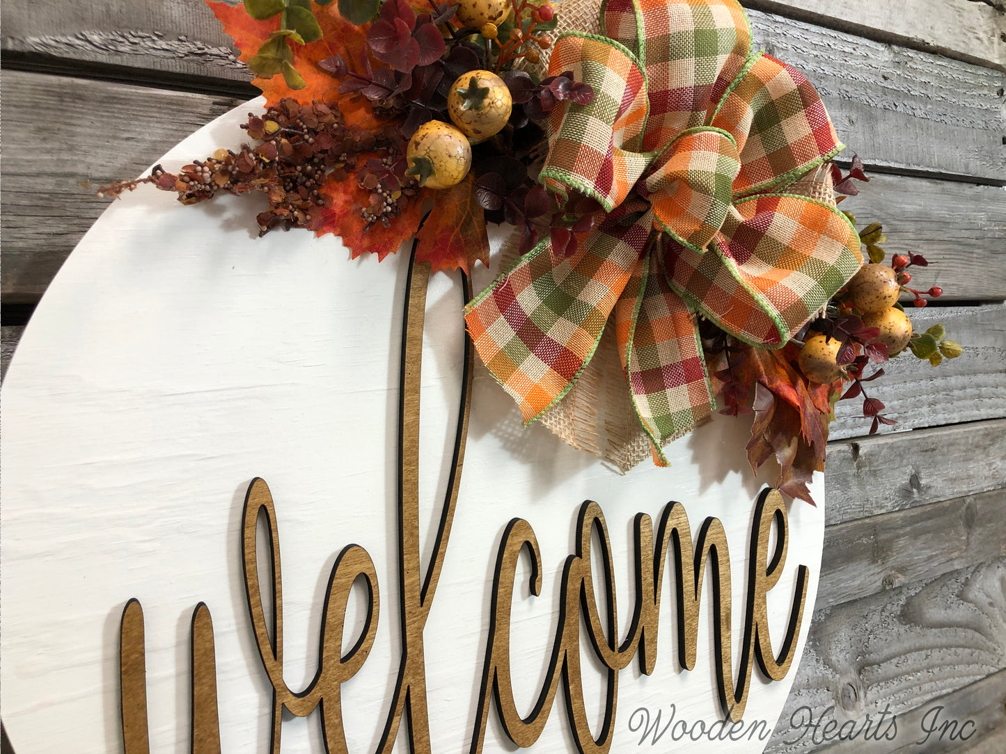 FALL Door hanger Wreath WELCOME Wood Round Sign 16" 3D Wood Lettering Bow Leaves Distressed - Wooden Hearts Inc