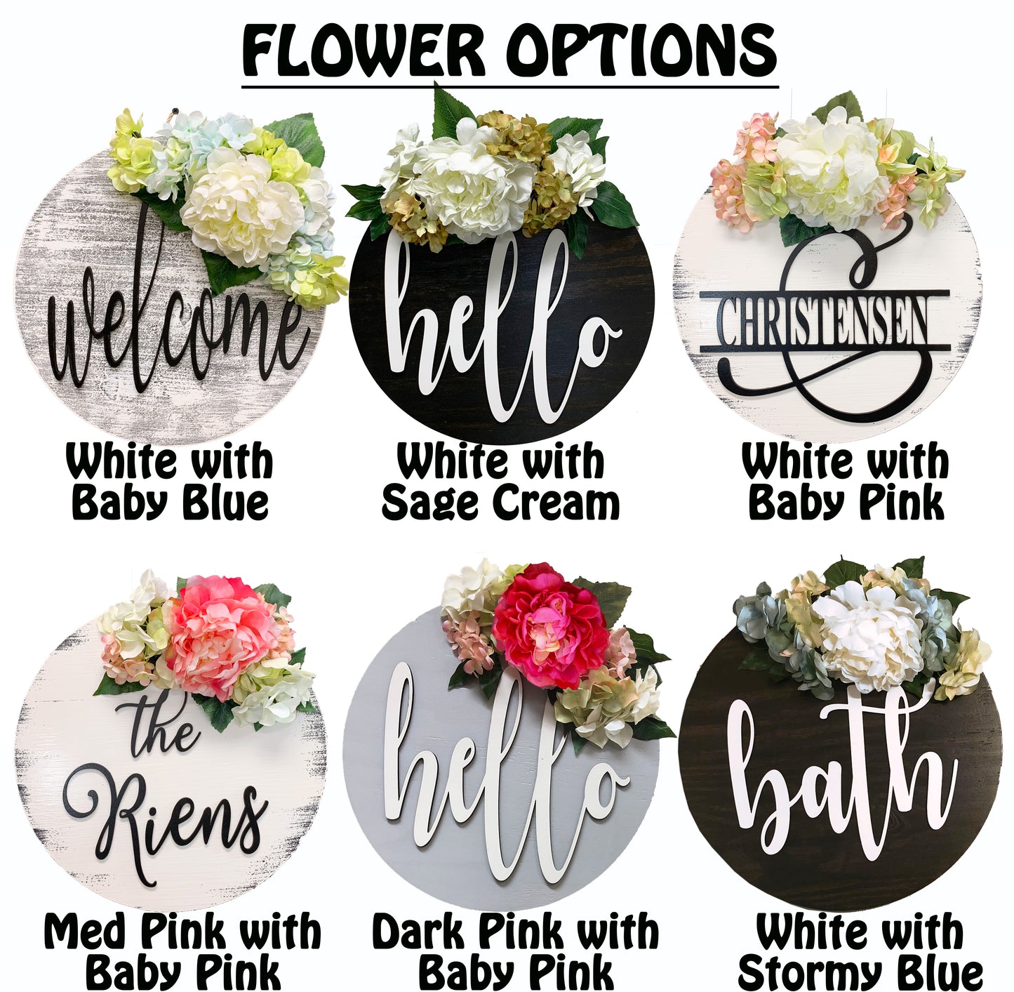Bathroom Wall Decor BATH 16" Round Sign Spring Wreath with Flowers Door Decorations Peony Hydrangea - Wooden Hearts Inc