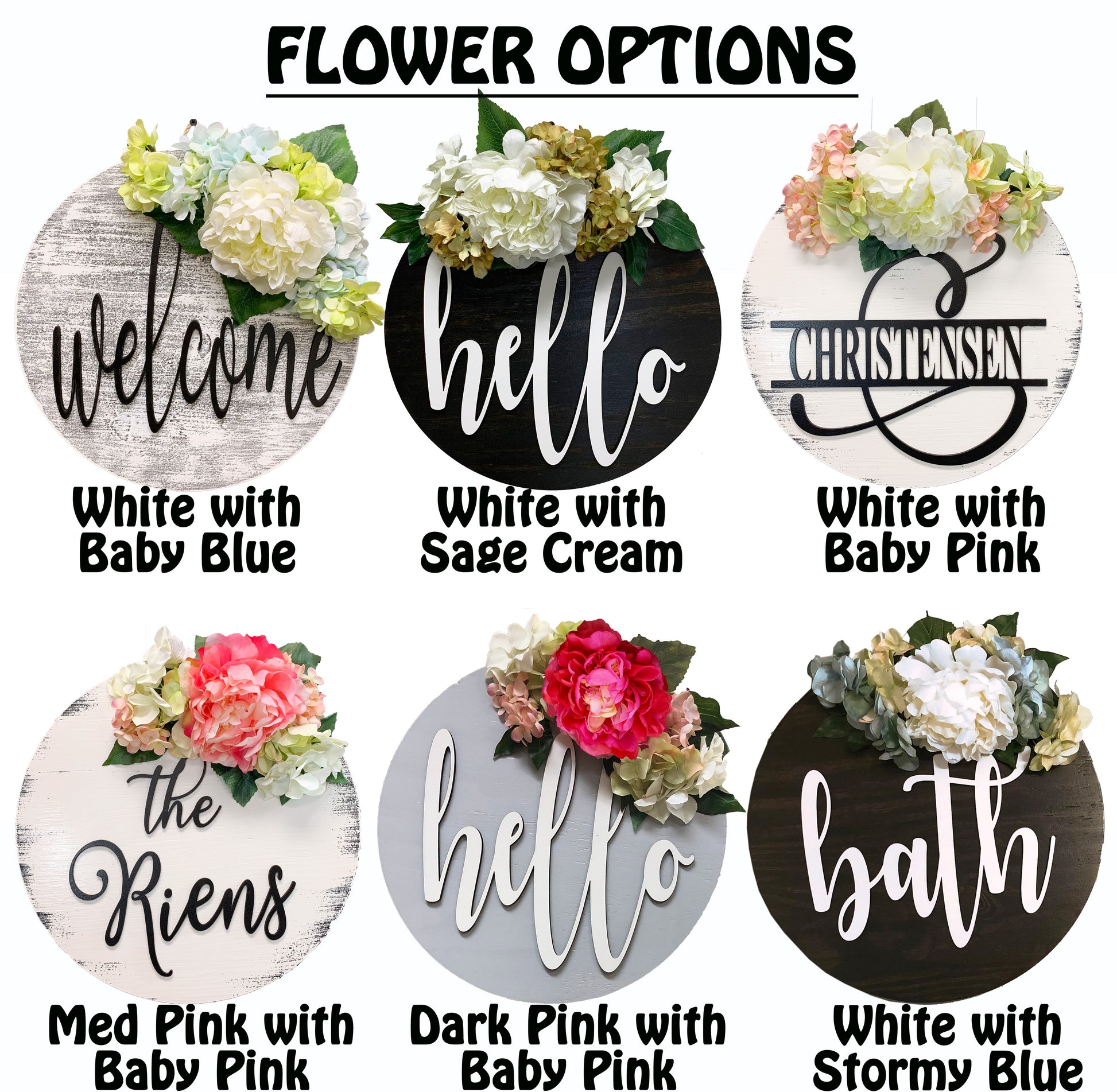 Bathroom Wall Decor BATH 16" Round Sign Spring Wreath with Flowers Door Decorations Peony Hydrangea - Wooden Hearts Inc