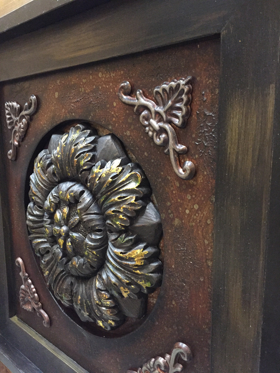 METAL Wall ART Wood Espresso Framed Metal Fleur de lis Gold Flower Floral Sign Rust Copper 21" - Wooden Hearts Inc